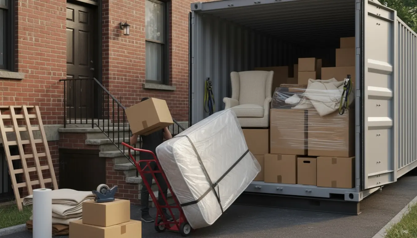 Åben flyttecontainer lastes fra et rækkehus med stabler af flyttekasser og møbler pakket ind i flyttetæpper.