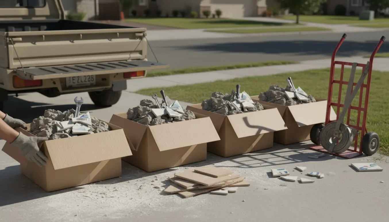 Fem-seks kasser med fliser, mørtel, metalværktøj og gips placeret ved kantstenen til afhentning.