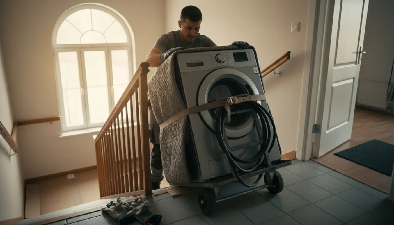To flyttefolk trækker en vaskemaskine op ad en oplyst trappe med flyttedolly og beskyttelsestæpper.