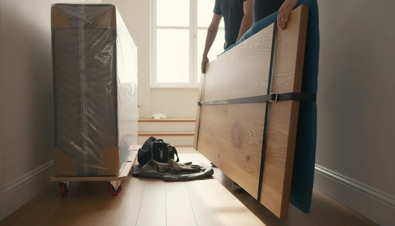 Flytning af en bordplade og en 160 cm bred boxmadras gennem en lys lejlighedsgang.