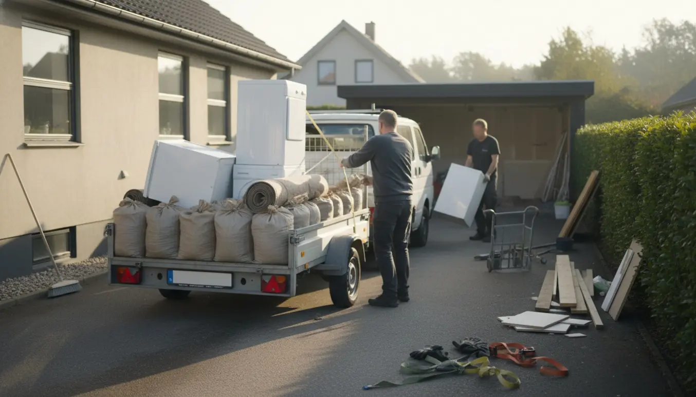 Lastning af byggeaffald fra garage til trailer med køleskab, vaskemaskine, ruller tæpper og sække med gammelt tapet.