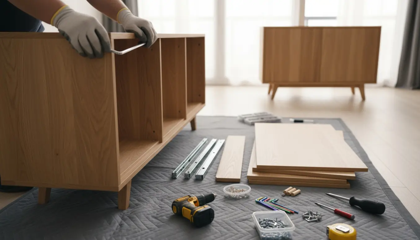 Hænder samler en moderne træskænk med dele og værktøj arrangeret på et lyst arbejdsområde.