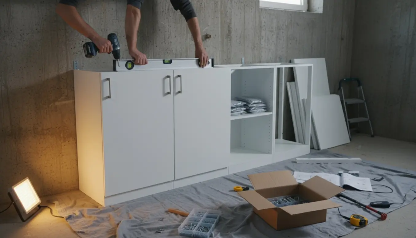 Montering af fire hvide modulskabe i en kælder med værktøj og montører i baggrunden.