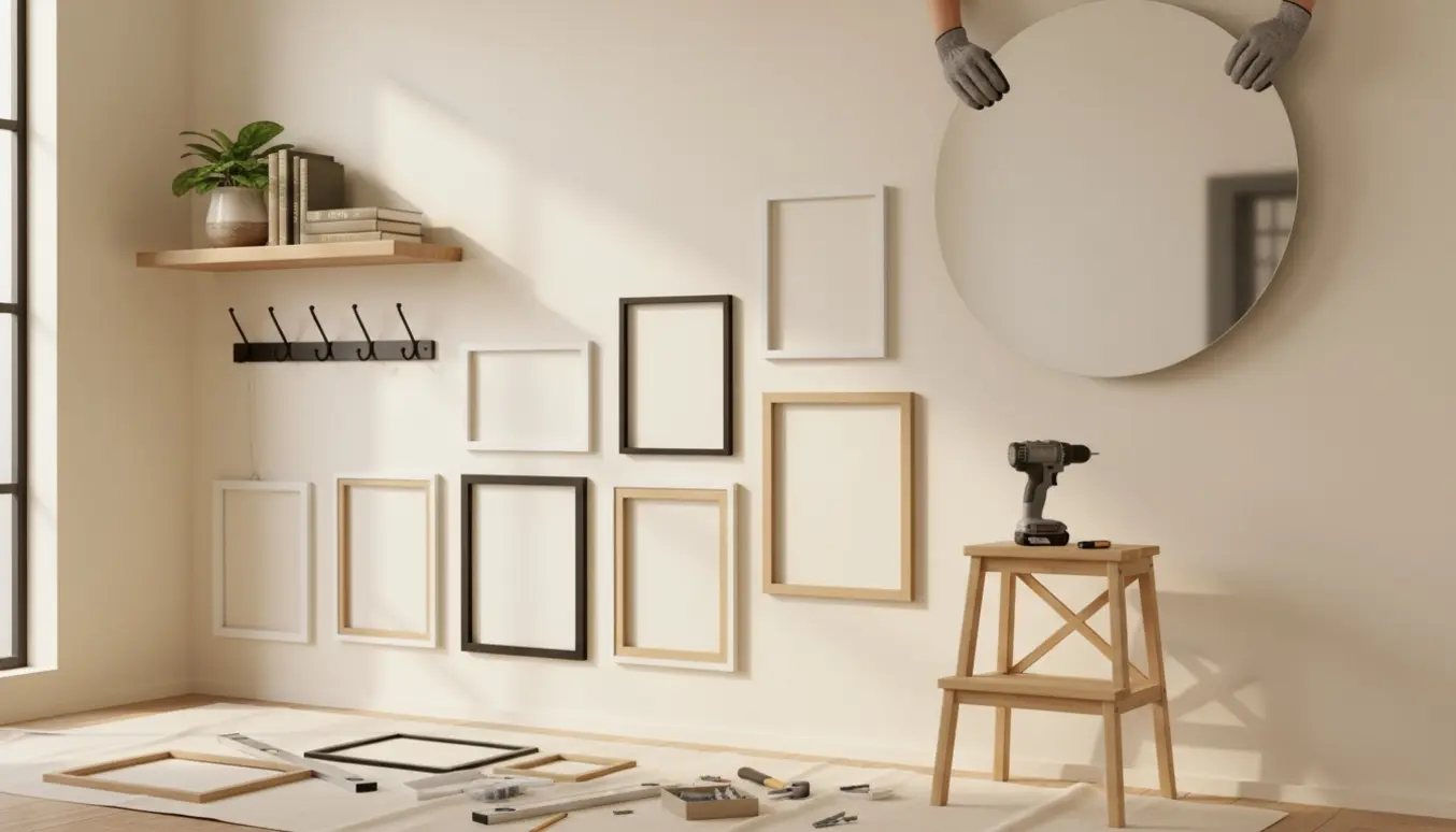 Hænger hylde, billeder, knagerække og spejl op i en lys entré med værktøj og hænder i fokus.