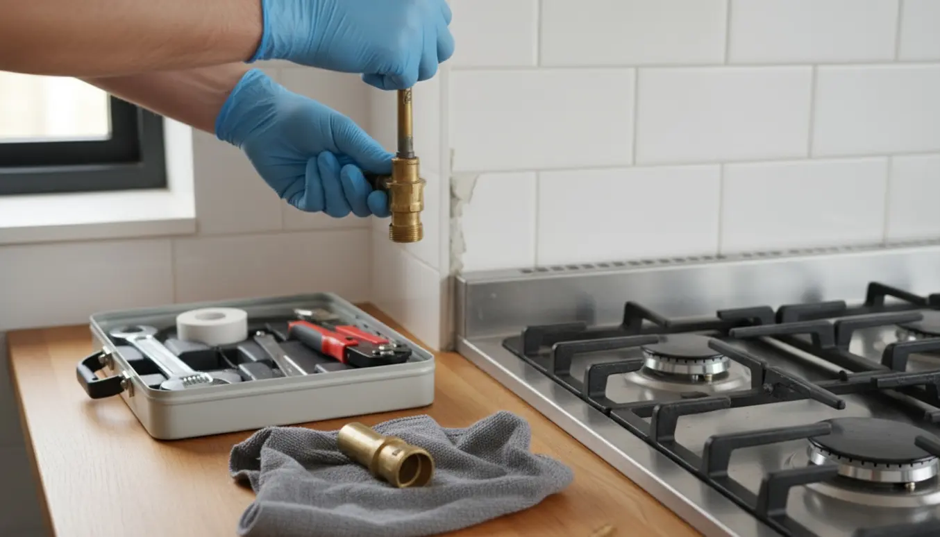 Arbejdshænder i handsker fjerner et afmonteret gasrør i et lyst køkken med værktøj på bordet.