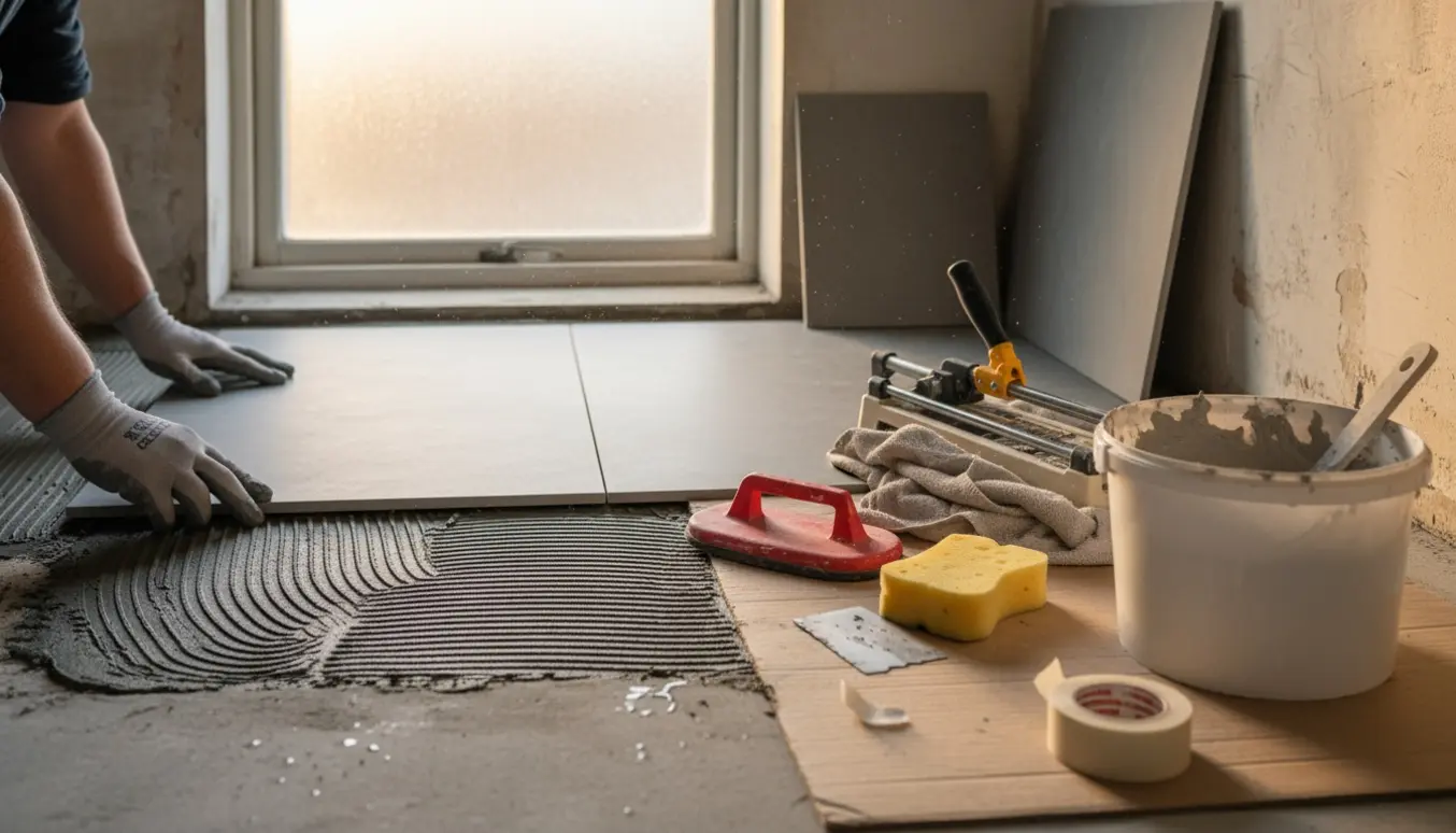 Hænder lægger nye fliser i et lille Vesterbro-badeværelse med værktøj og materialer samlet omkring.