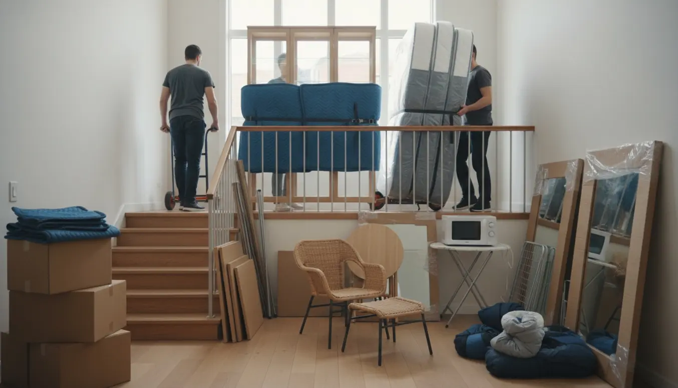 Store møbler og flyttekasser bæres ned ad trappe og er klar til transport.