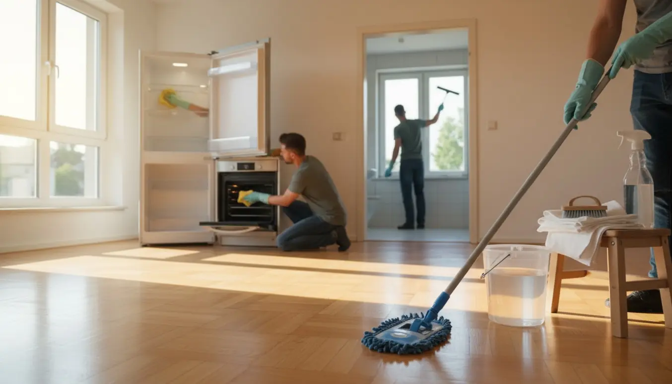 Handskerede hænder rengør parketgulv i en tømt lejlighed med åbent køleskab, ovn og vinduer i dagslys.