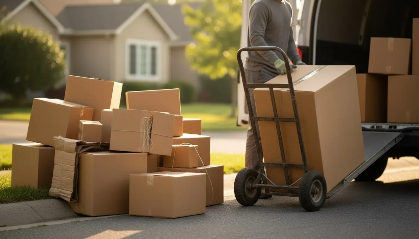 Stor bunke flyttekasser bliver læsset op i en varebil til skrald på en stille villavej.