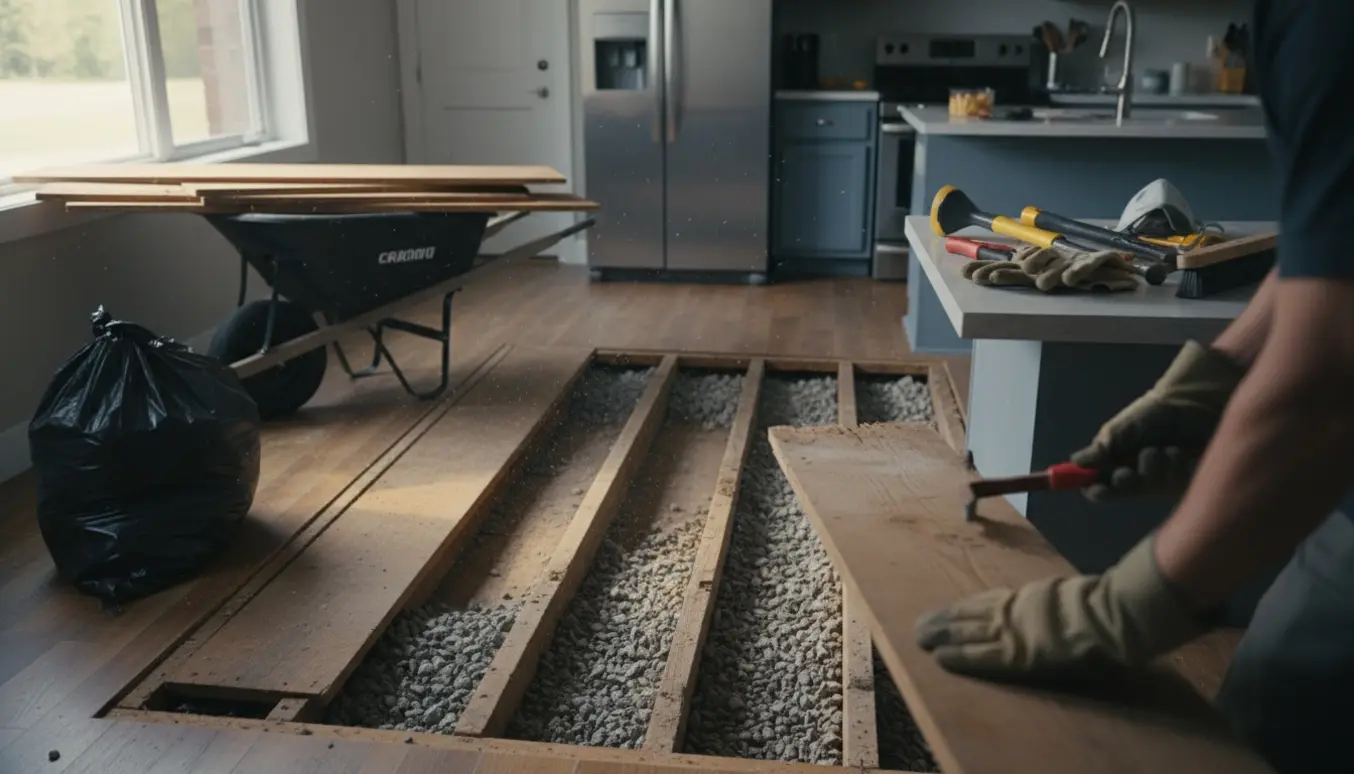 Delvist fjernet køkkengulv med synlige bjælker, bunker af gamle brædder og en trillebør klar til bortskaffelse.