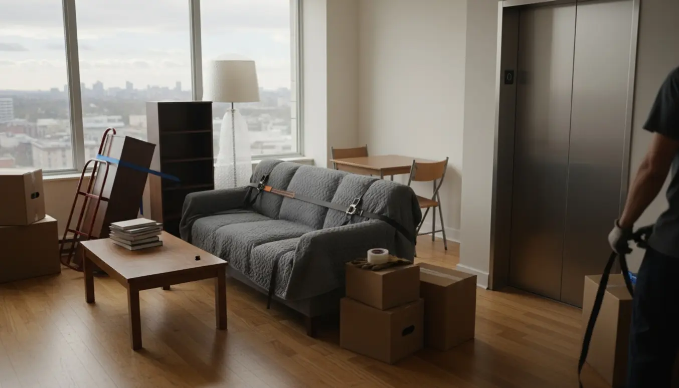 En person set bagfra ved en åben elevator i en højhuslejlighed med pakket sofa, kommode, sofabord og flyttekasser klar til flytning.