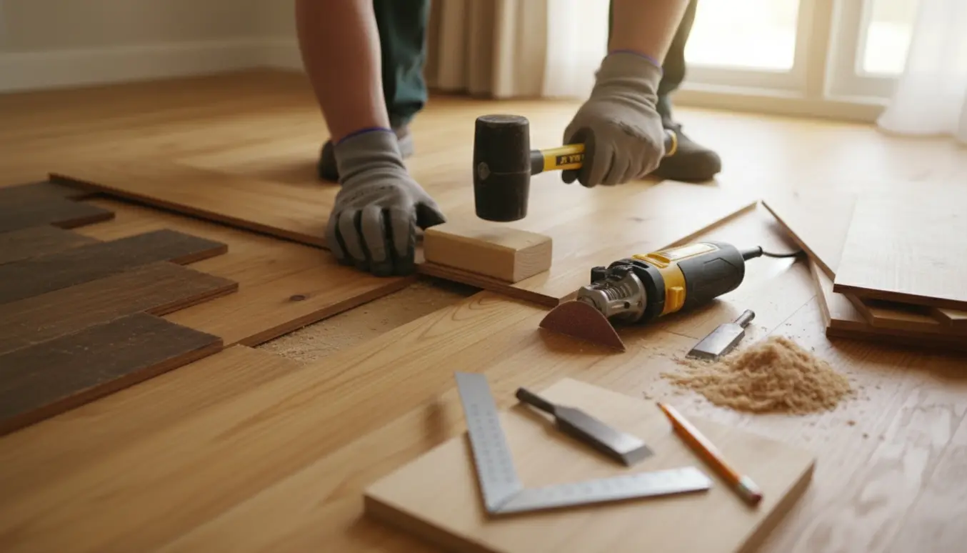 Nærbillede af reparation af fyrretrægulv med nyt bræt, værktøj og savsmuld i naturligt lys.