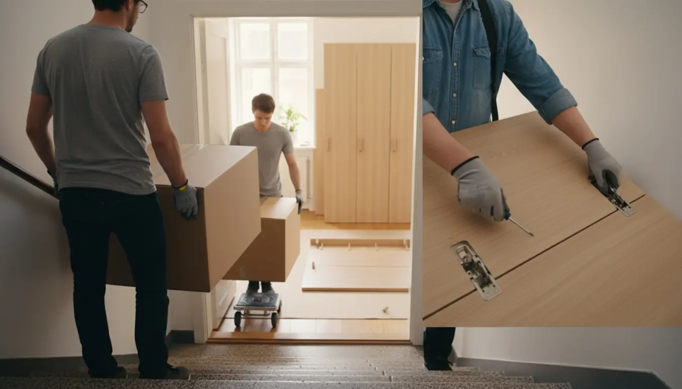 To personer bærer fladpakkede garderobebokse op ad trappen, mens værktøj og delvis samlet skab ses i lejligheden.