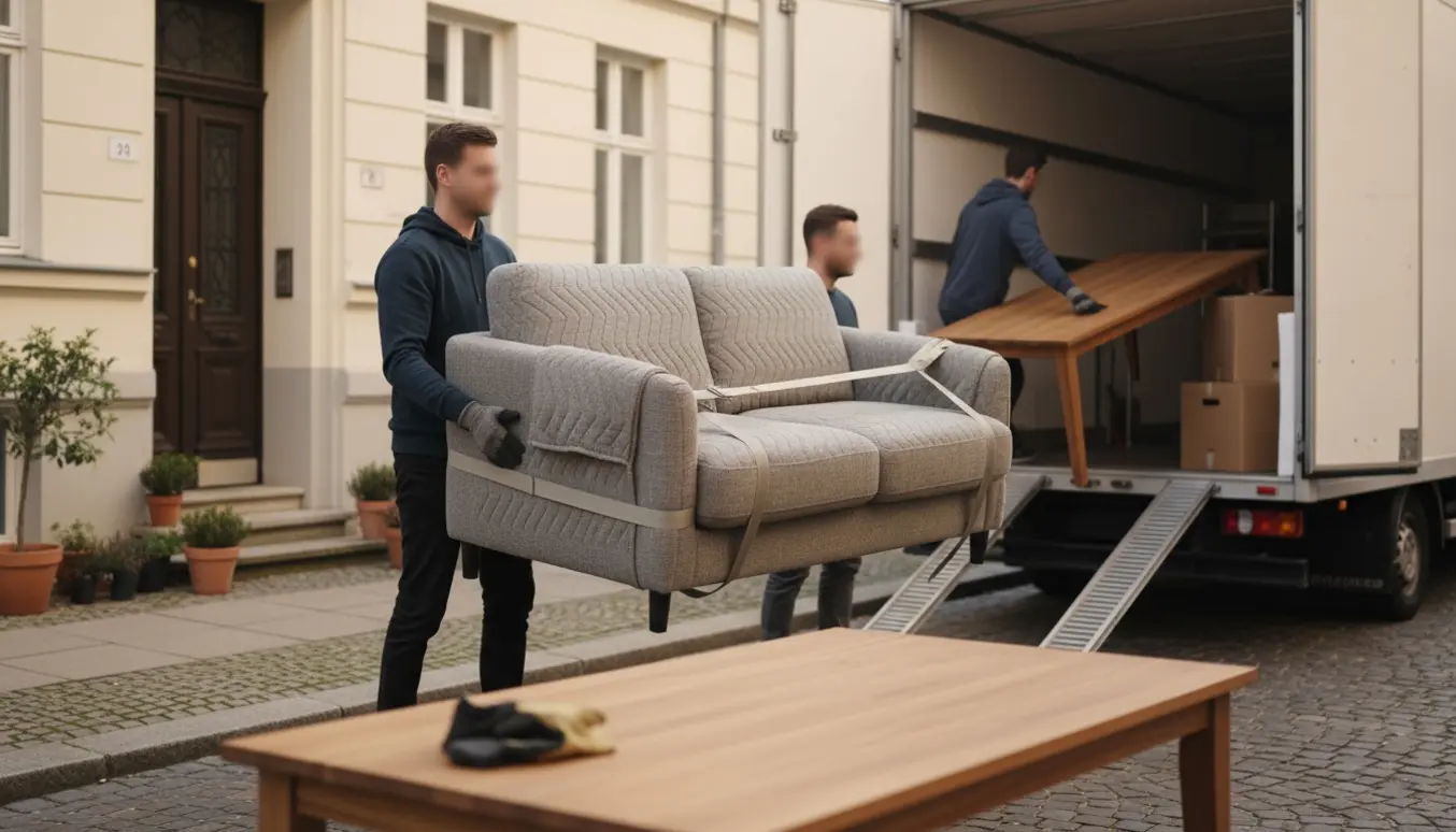 To flyttefolk løfter en toseters sofa og et langt spisebord ind i en flyttebil på en stille boliggade.