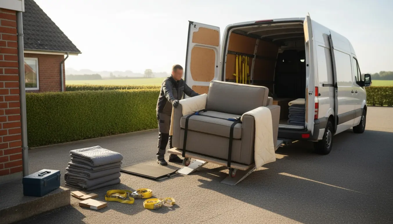 Et kvadratisk sofamodul på en flyttedolly bliver læsset ind i en flyttevogn med flytteudstyr omkring.