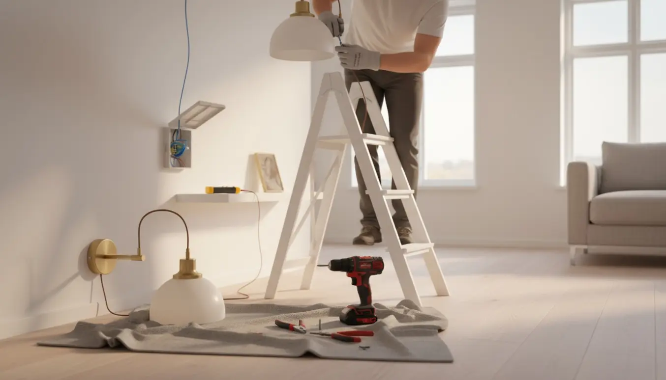Hænder monterer en loftlampe og væglamper med værktøj og åben samlingsdåse i et lyst hjem.