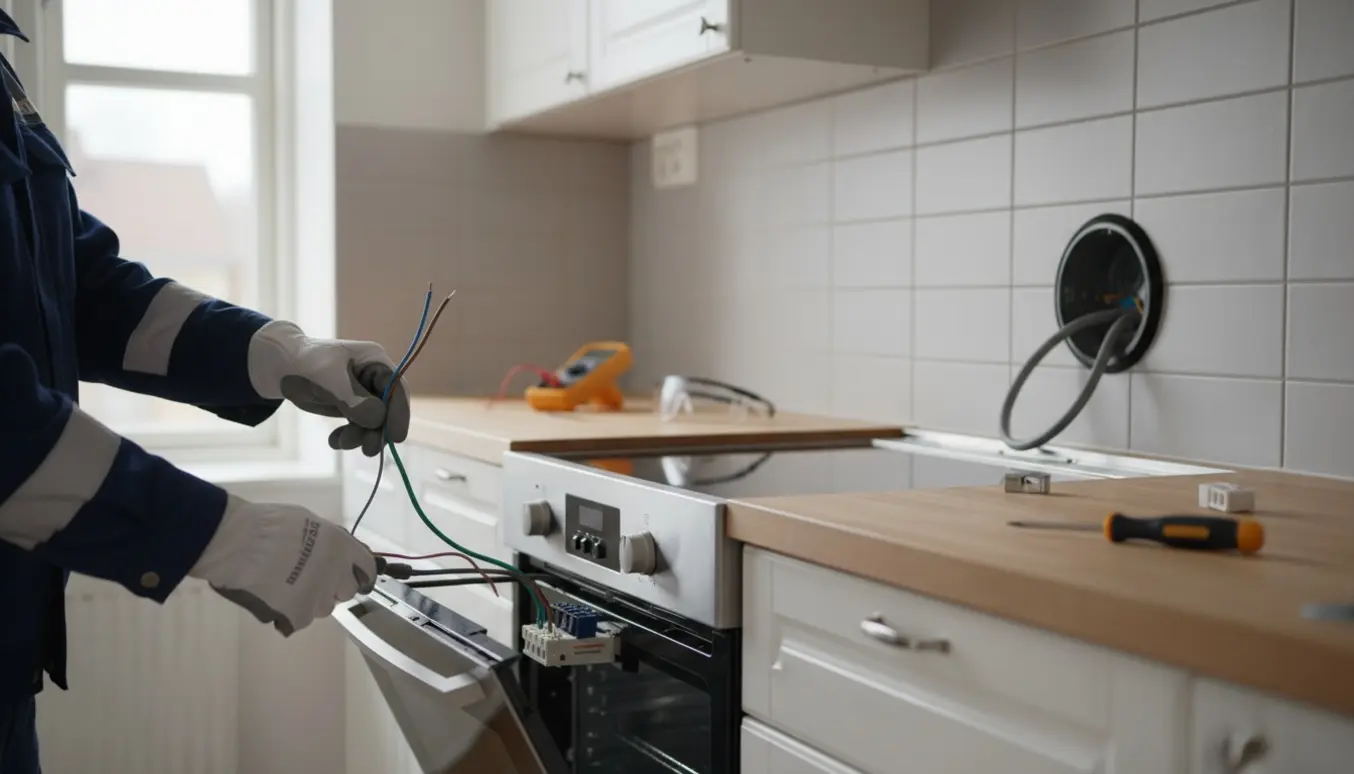 Elektriker forbinder ledninger fra et komfur til en åben membrandåse i et nyt køkken.