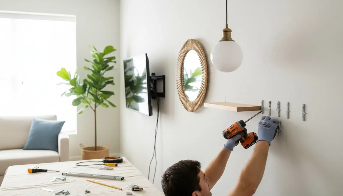 Hænder monterer tv, spejl og lampe på en gipsvæg med boremaskine, rawlplugs og vaterpas.