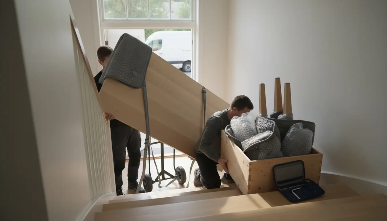 Et afmonteret bord bæres ned ad en boligtrappe med ben pakket og en flyttevogn ventende udenfor.