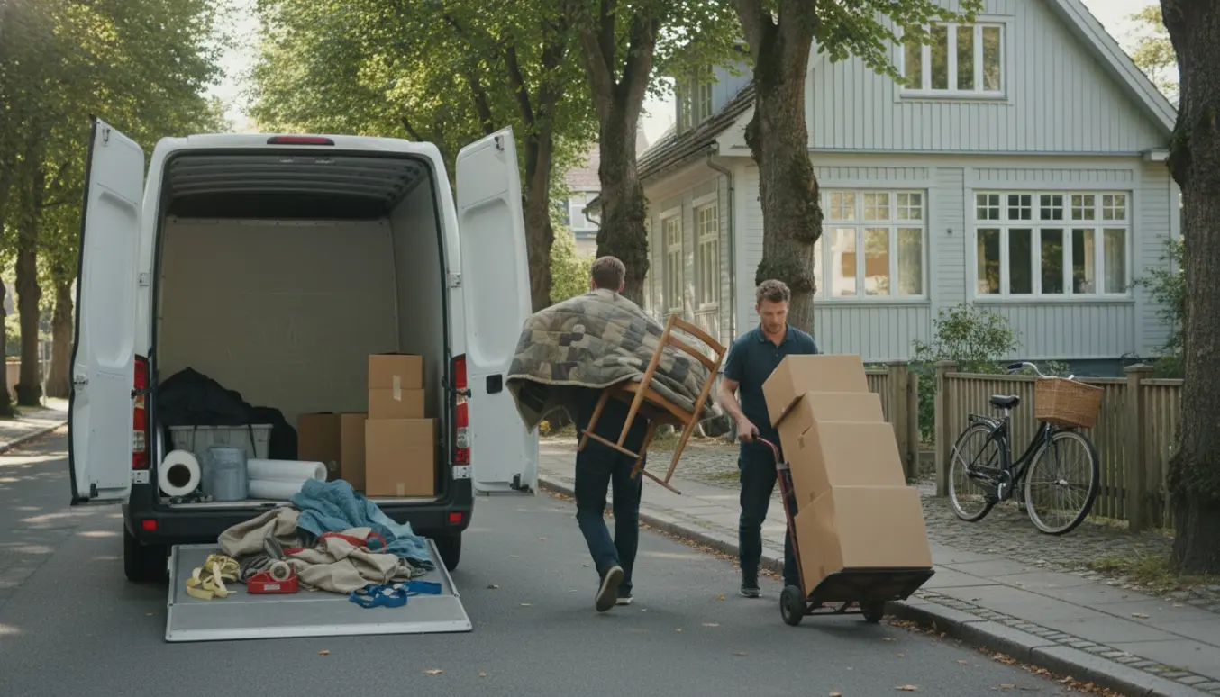 Flyttefolk bærer møbler og kasser ind i en varebil foran et træbevokset villakvarter i Hellerup.