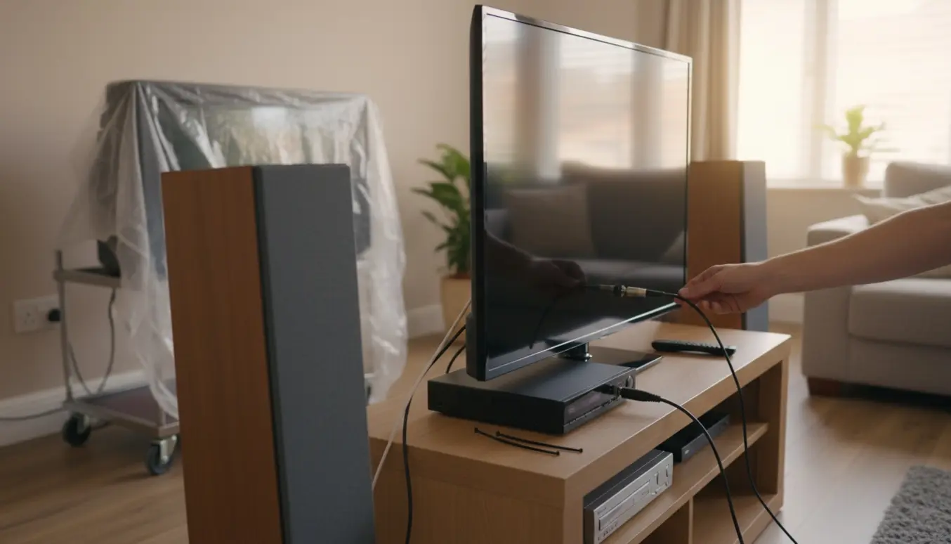 En tekniker tilslutter et nyt slankt fladskærms-tv til en digital PVR-boks og højttalere i en lys stue.