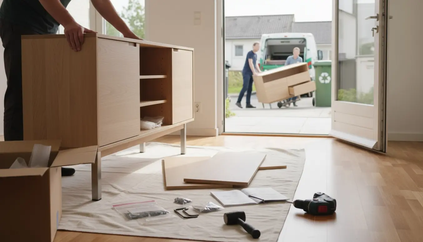 Hænder samler en træskænk indendørs, mens en nedmonteret kommode er på vej til genbrugsstationen udenfor.