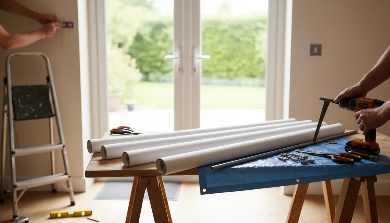 Fire rullegardiner klippes til og monteres over en terrassedør med boremaskine og målebånd i forgrunden.