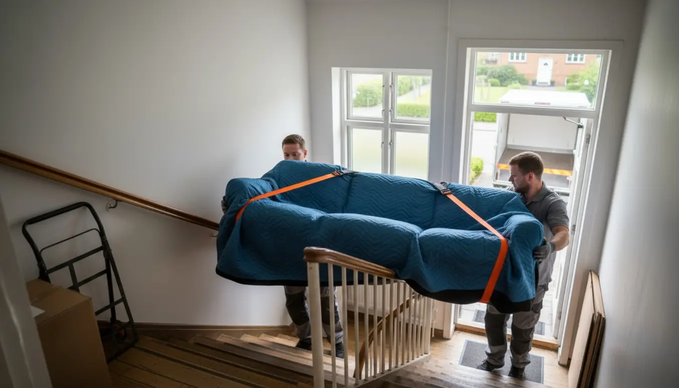 To flyttemænd bærer en indpakket 3-personers sofa ned ad en smal trappe, ansigter ikke tydelige.