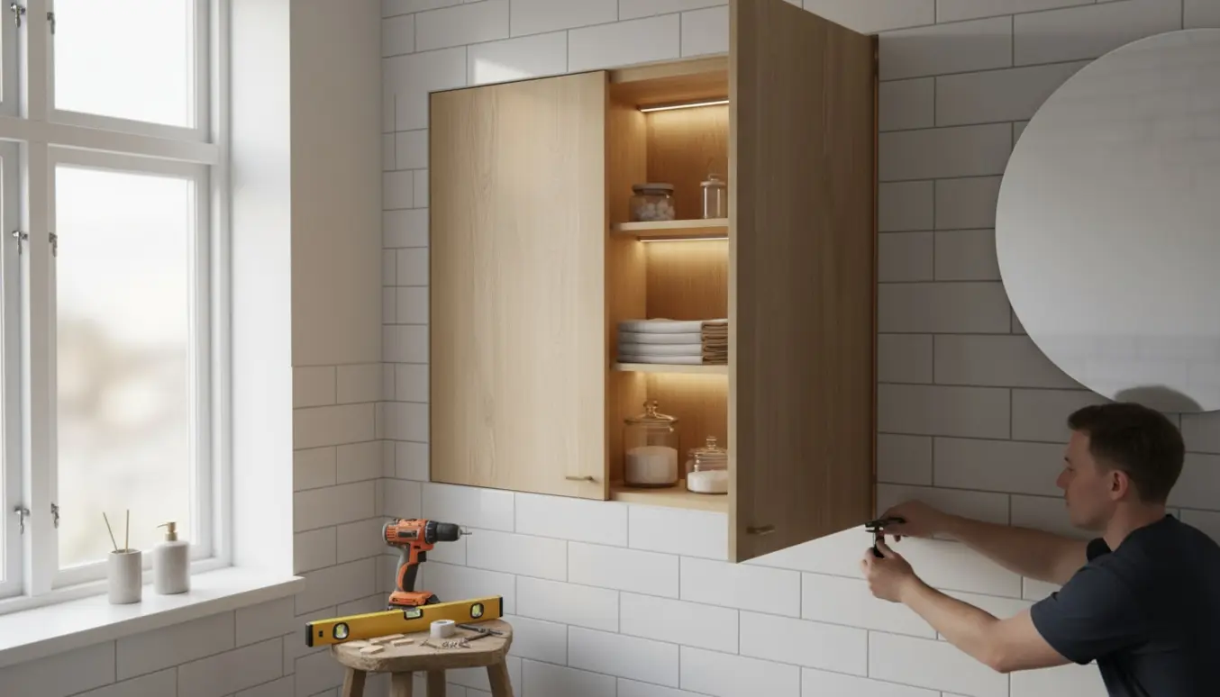 Indbygget skab i et moderne københavnsk badeværelse med håndværkerhænder og værktøj ved siden af.