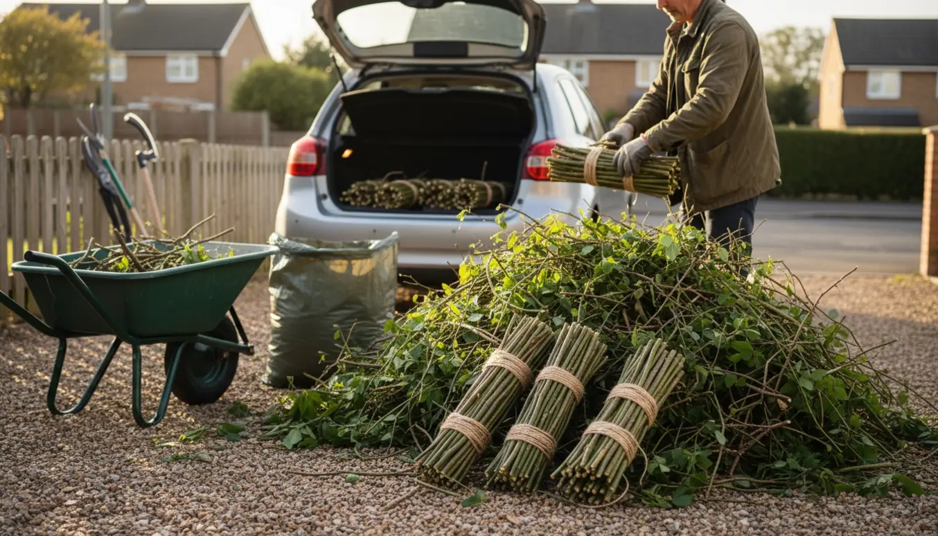 Person binder og læsser grenaffald i bilens bagagerum på indkørsel, klar til bortskaffelse uden trailer.