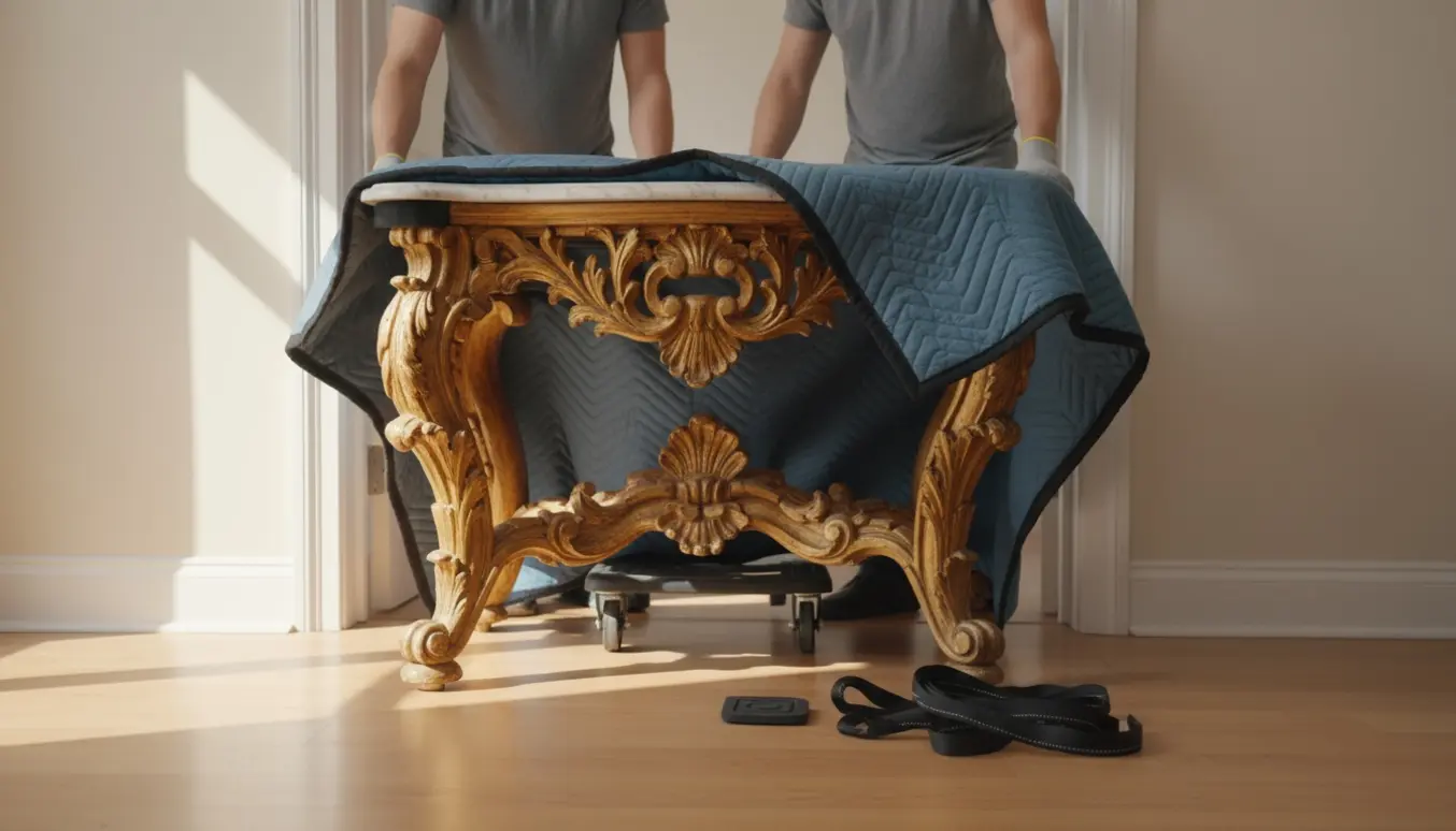 To personer bærer et rokokobord med marmorplade gennem en døråbning, beskyttet af flyttetæpper og skumkanter.