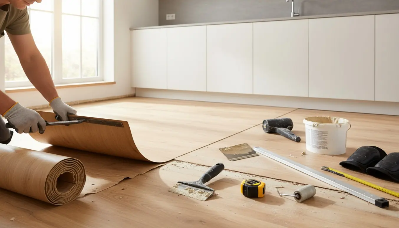 Hænder fjerner gammelt linoleum og nyt gulv er delvist rullet ud i et lyst køkken.