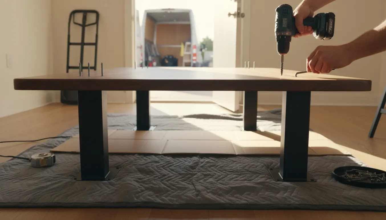 En træbordplade på flyttetæpper hvor hænder skrur to ben fast med otte skruer i en lys entré.
