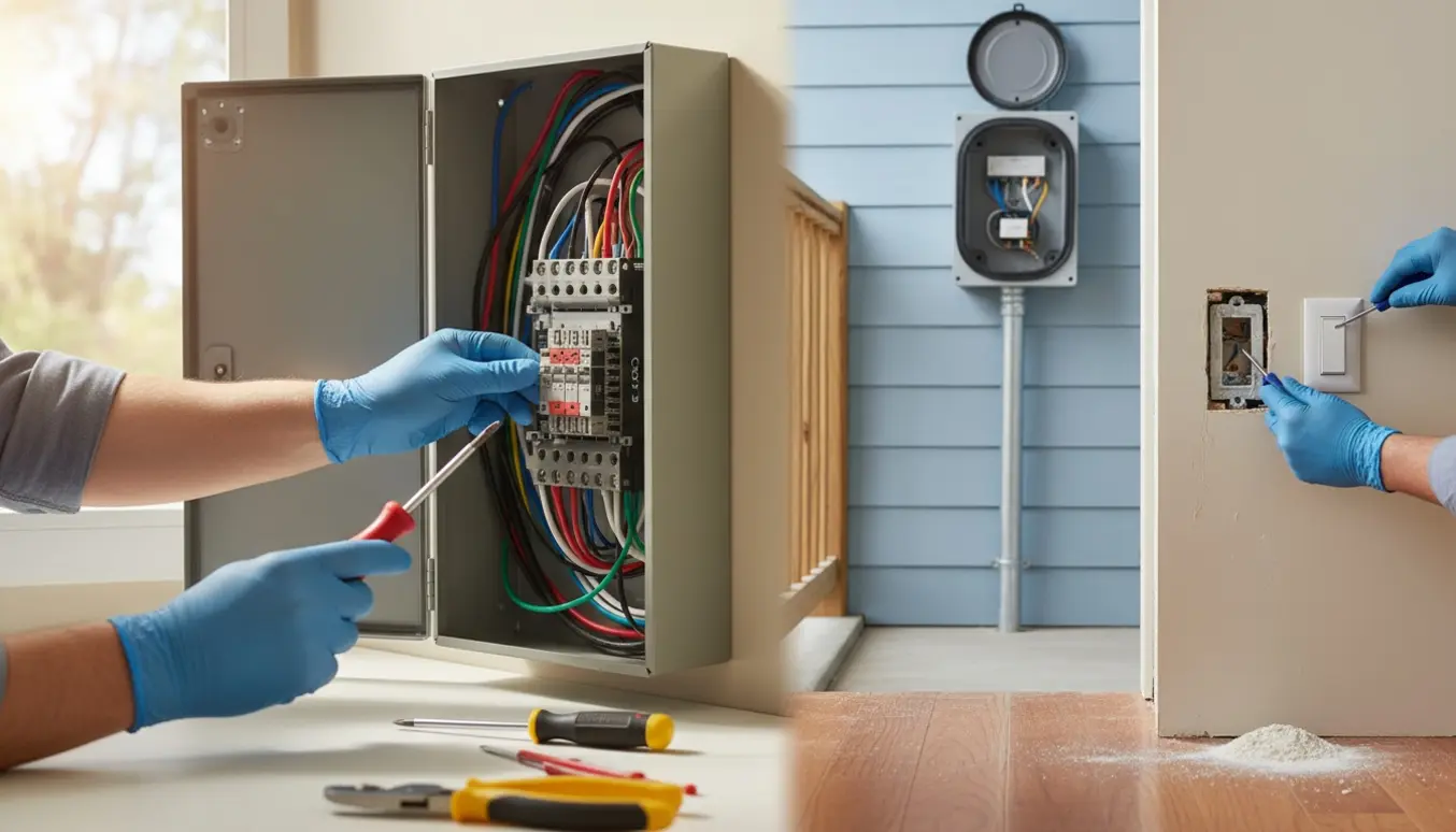 Elektriker tilslutter ledninger i eltavlen med indendørs kontakt og udendørs vejrboks synlig.