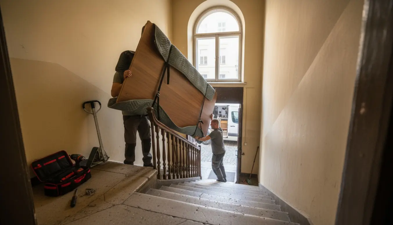 To flyttemænd bærer et langt garderobestykke ned ad en smal trappe mod en varevogn med værktøj og tæpper klar.