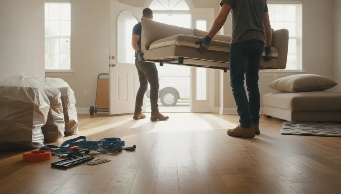 Hjørnesofa bæres ud af stuen til bortskaffelse med puder og fire sække fyldt med pap.