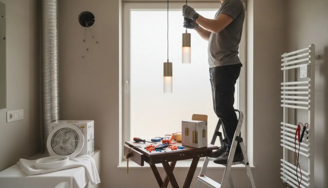 En håndværker på en stige skifter lamper og udskifter ventilationsrist i et lyst badeværelse med synlig elradiator.