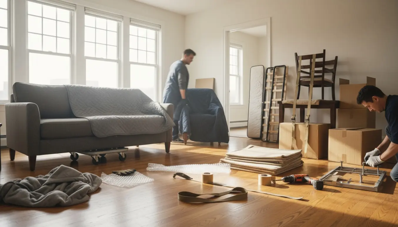 Lys lejlighed under tømning med møbler, kasser og flyttemænd set bagfra.