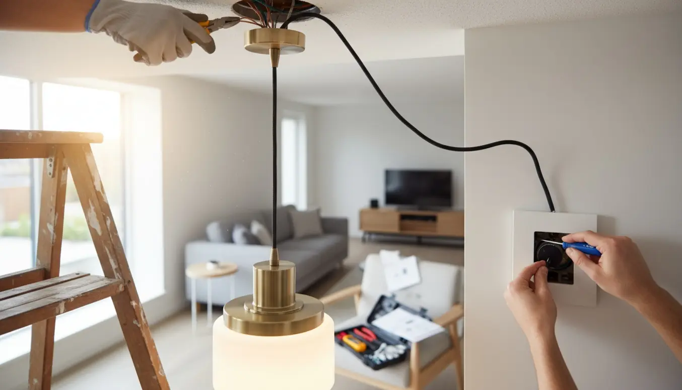 Hænger en pendellampe i loftet og monterer en lysdæmper, vist ved hænder på en stige og ved vægkontakten.