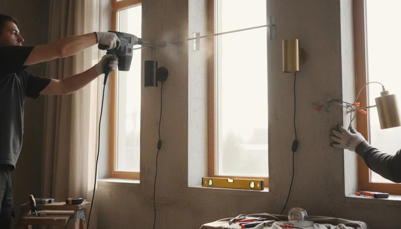Hænder monterer gardinstænger og tre væglamper på en rå betonvæg med slagboremaskine og værktøj.