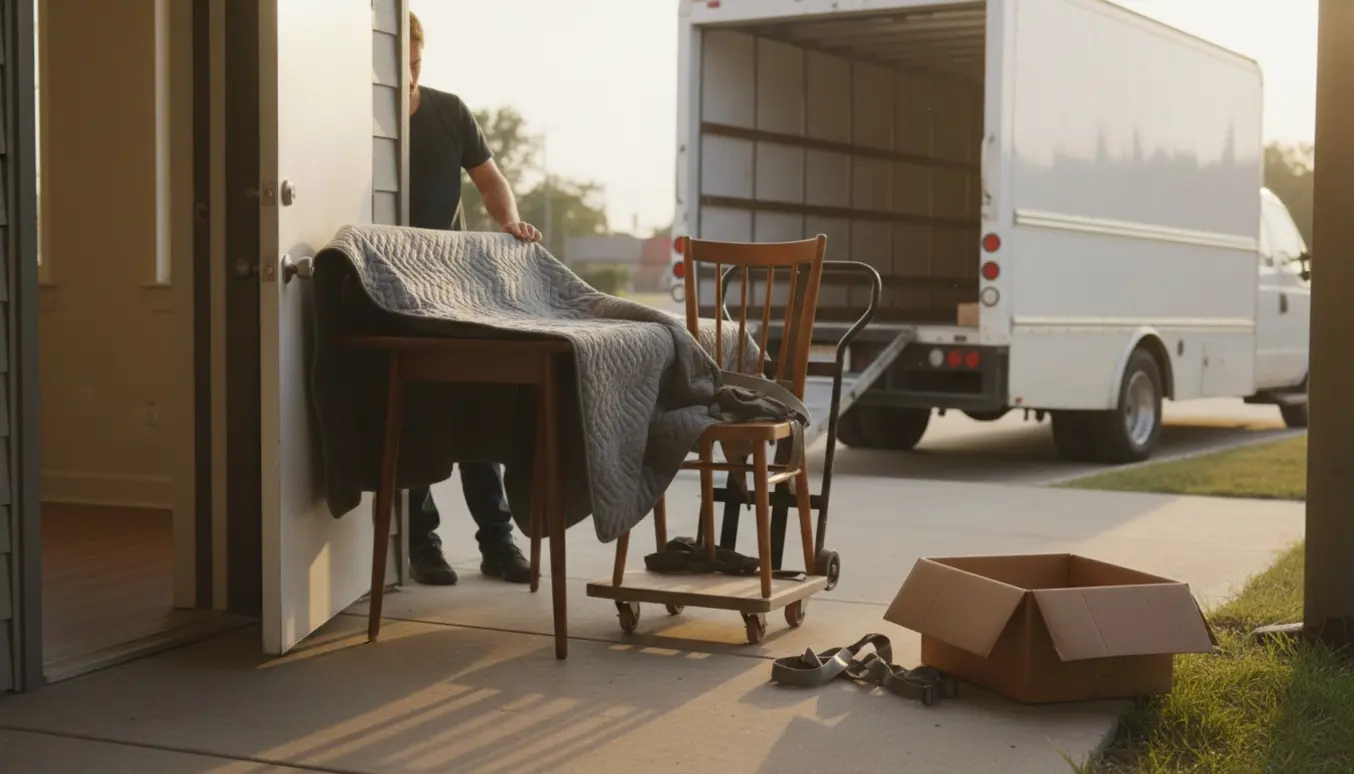 Et spisebord og fire stole pakkes og bæres ud af lejligheden mod en åben flyttevogn i blødt eftermiddagslys.
