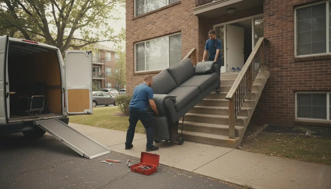 To flyttefolk bærer en sofa op ad en trappe mod tredje sal med flyttetæpper og surringsstropper.
