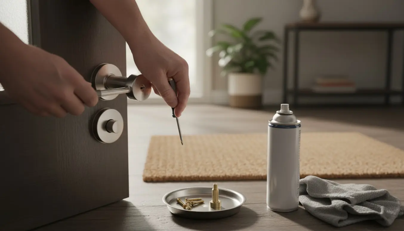 Nærbillede af hoveddørshåndtag, hvor hænder justerer en fastklemt låsemekanisme med skruetrækker og smøremiddel.