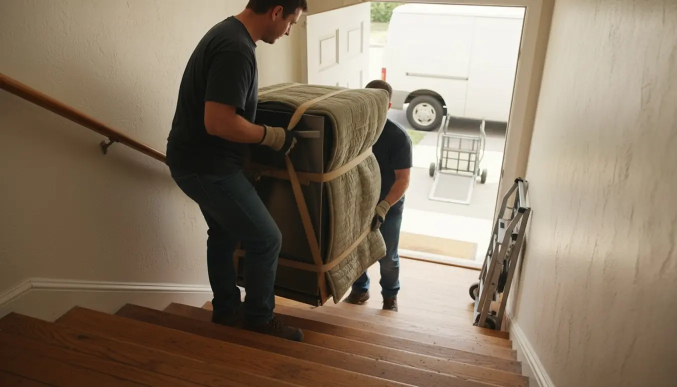 To personer bærer en opvaskemaskine ned ad en smal trappeopgang mod en ventende hvid varevogn.
