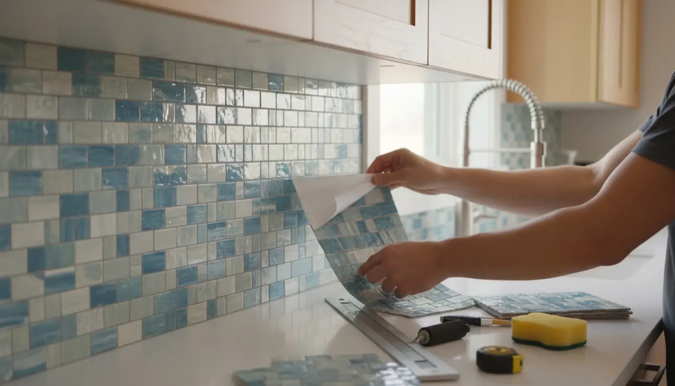 Hænder påfører selvklæbende mosaikfliser som køkkenbagrund mellem bordplade og overskabe.