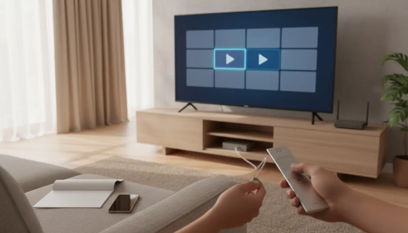 Hænder peger med fjernbetjening mod et smart-tv med app-fliser og en router ved siden af, klar til opsætning.