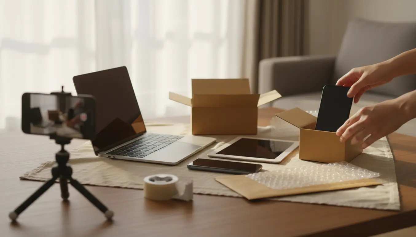 Ryddet bord med en bærbar computer, en tablet og to mobiltelefoner ved siden af pakkematerialer, klar til salg.