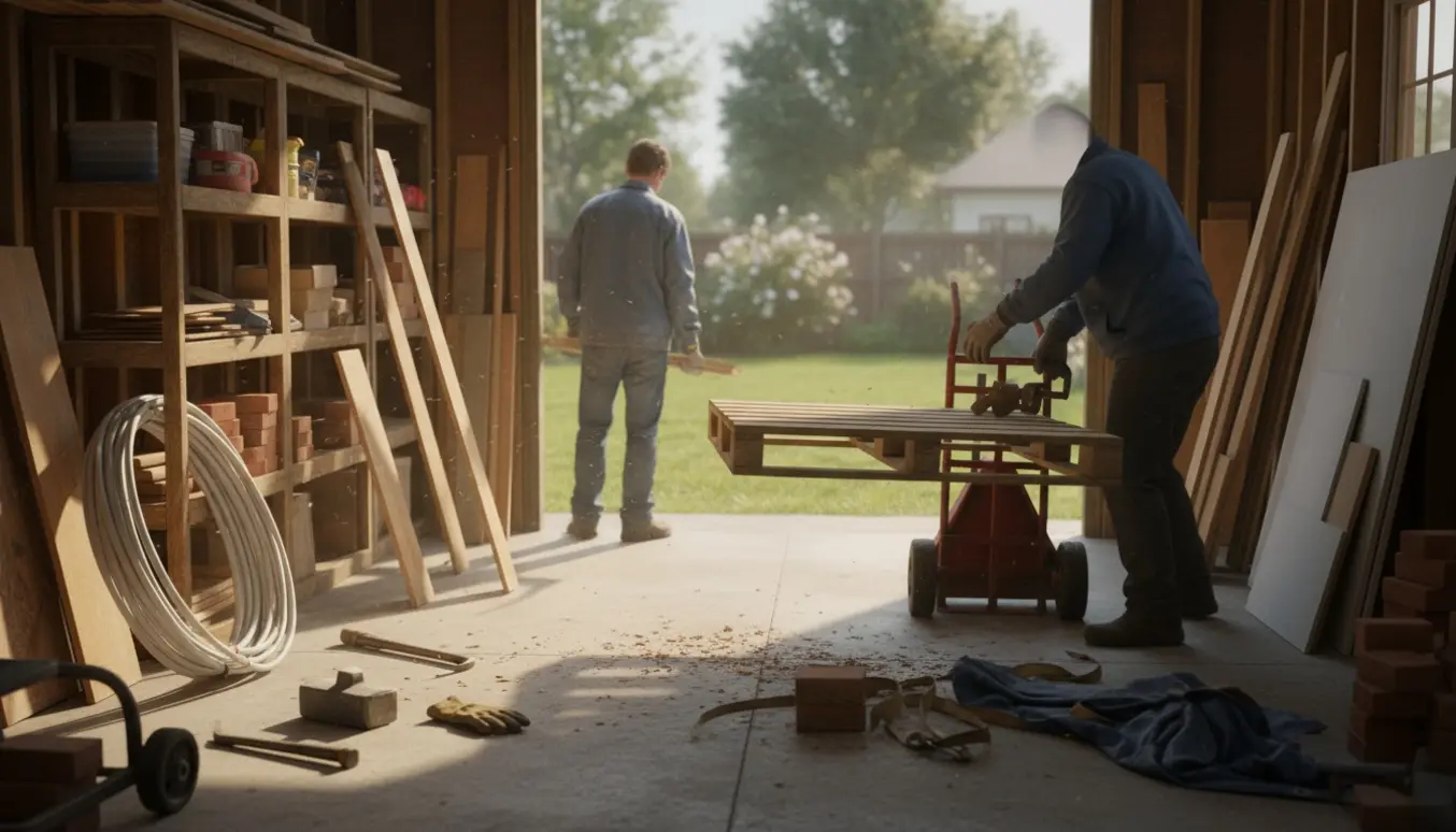 Åbent skur under oprydning med paller, træreoler og byggematerialer, arbejdshandsker i fokus.