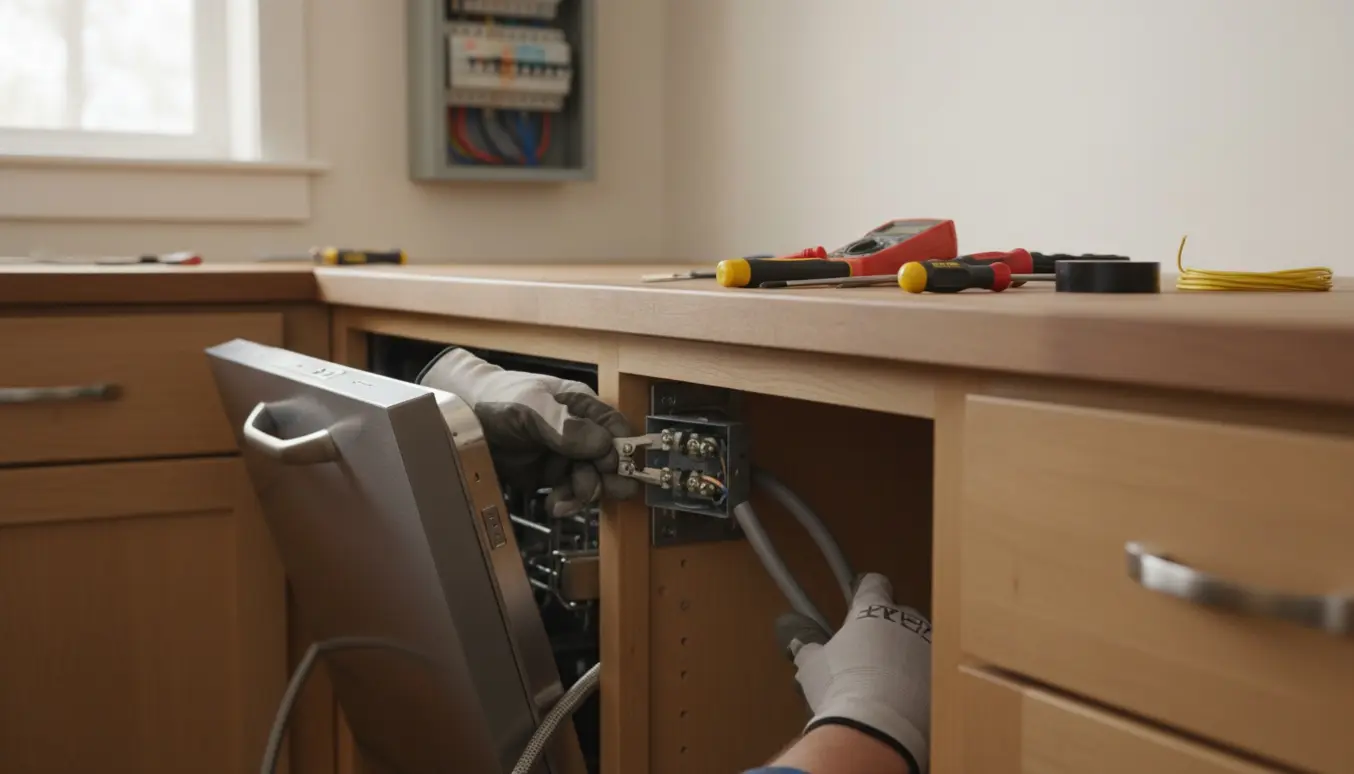Elektriker monterer strømstik til opvaskemaskine i åbent køkkenskab med værktøj og eltavle i baggrunden.