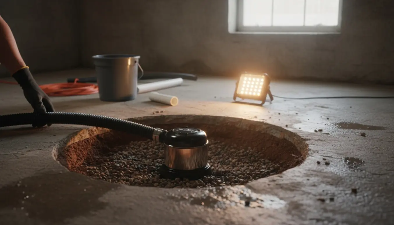 Hul i kældergulv med en nedsænket grundvandspumpe, våd beton og ler omkring hullet.